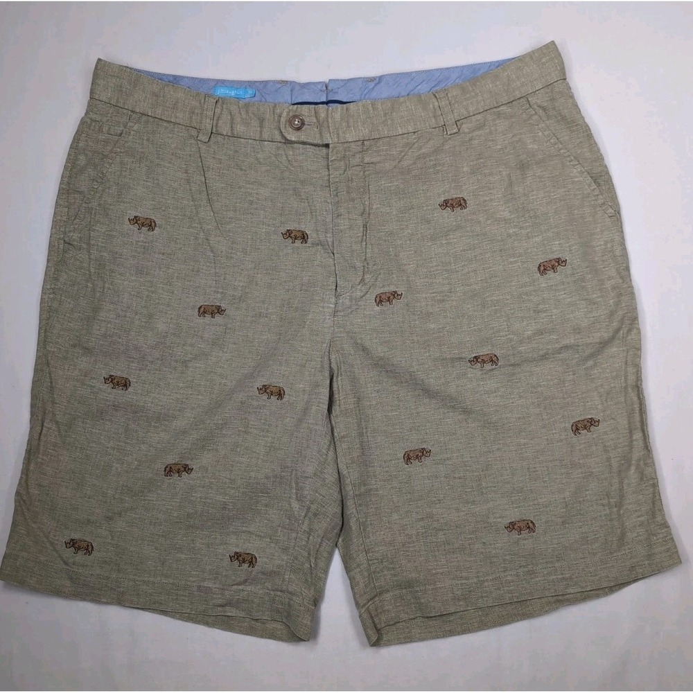 J. McLaughlin Men's 38 Linen Blend Shorts embroidered rhino Light Olive Khaki